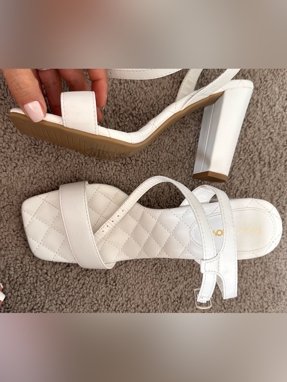 White Quilted Strappy Block Heel Sandals - Women's